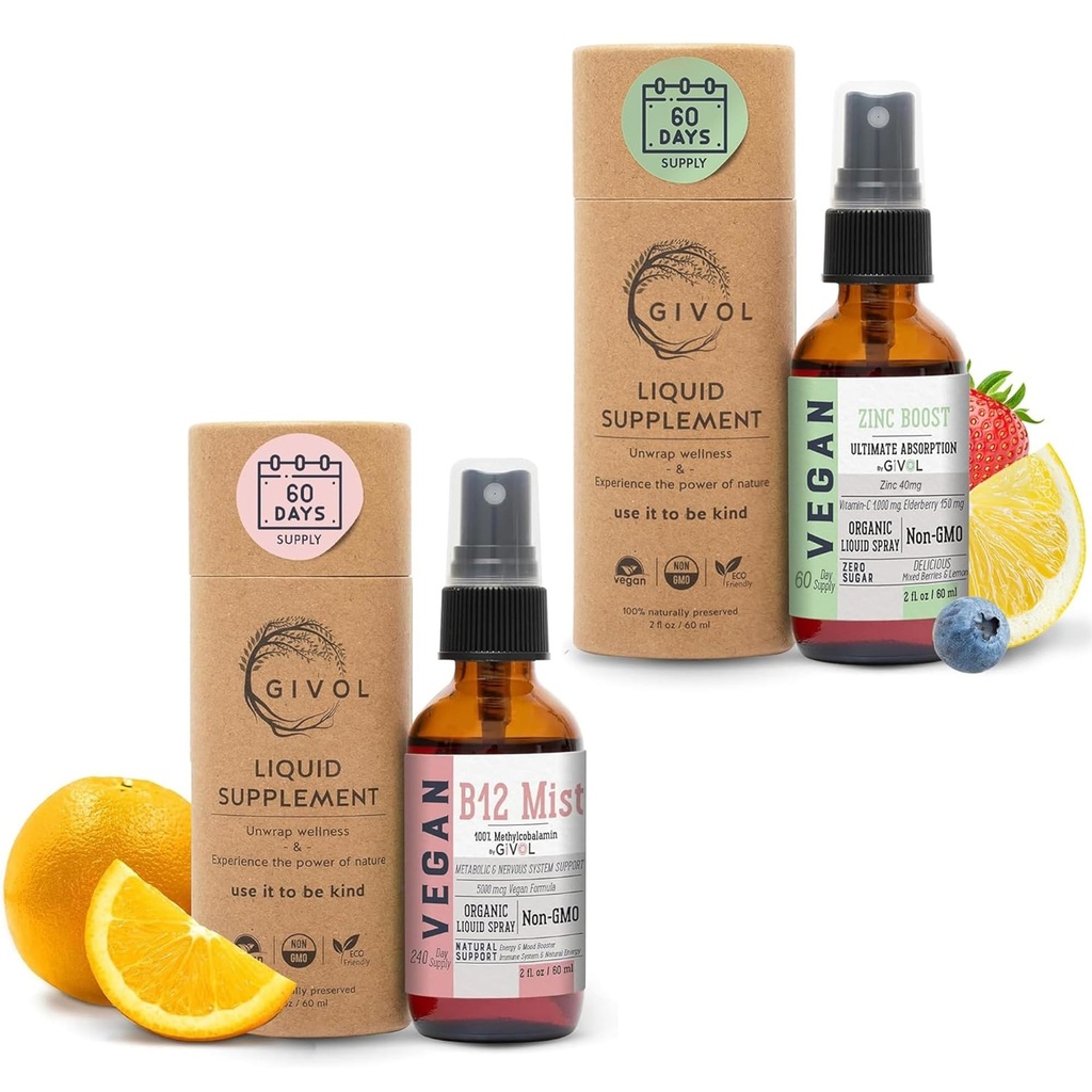 Organický vegánsky vitamín B12 doplnok Tekutý mist pre rýchlu absorpciu 5,000 μg metylkobalamínu a ZINC Boost Mist 40 mg (extra sila) - cukor bez obsahu VIT C a extraktu z bazy čiernej - non-GMO