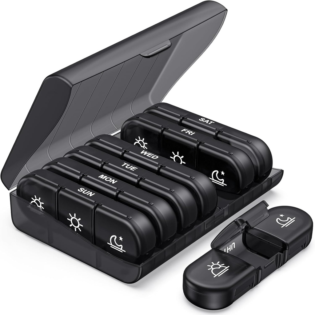 PULIV Týždenné pilulky Organizátor 3 časy denne, Prenosné cestovné pilulky box 7 deň s veľkými pilulky obsahuje, svetlo Proof pilulky Prípad pre vitamíny, lieky, Doplnky a rybie oleje (čierna)