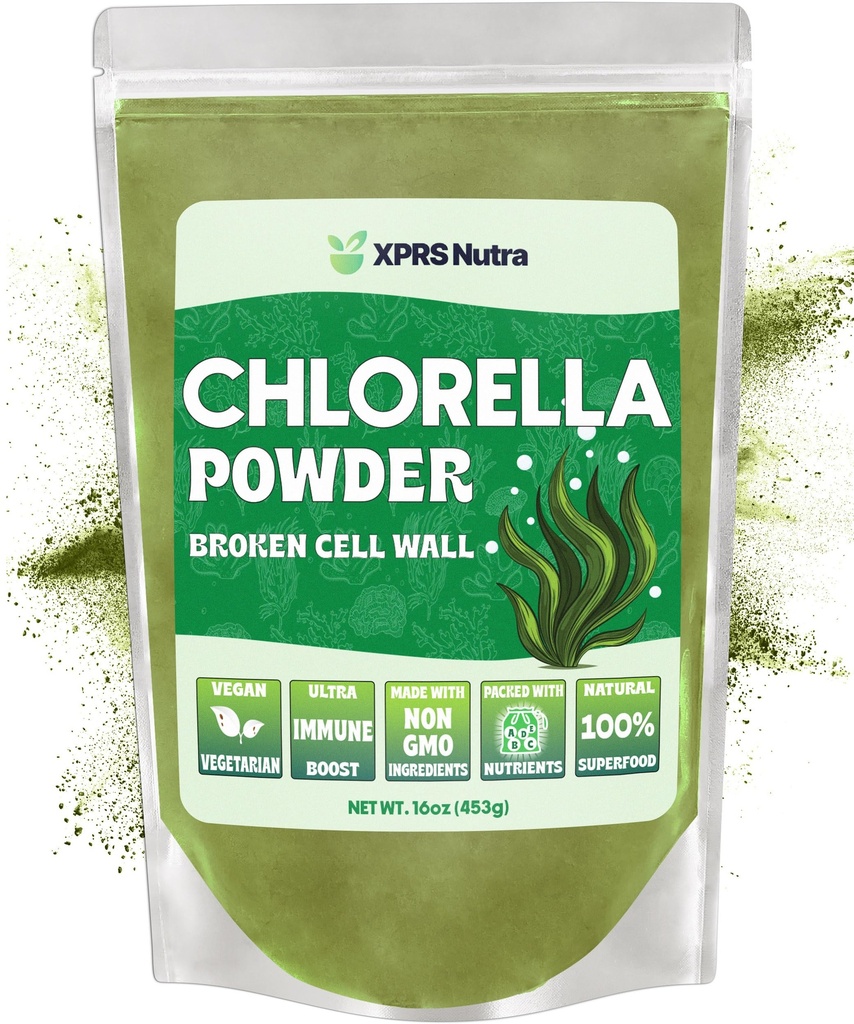 XPRS Nutra Organic Chlorella Powder - Broken cell Chlorofyl Powder - Chlorella Organic Powder for Imunity - Vegan Friendly Chlorella Powder Organic for Complete Protein (16 Ounce)