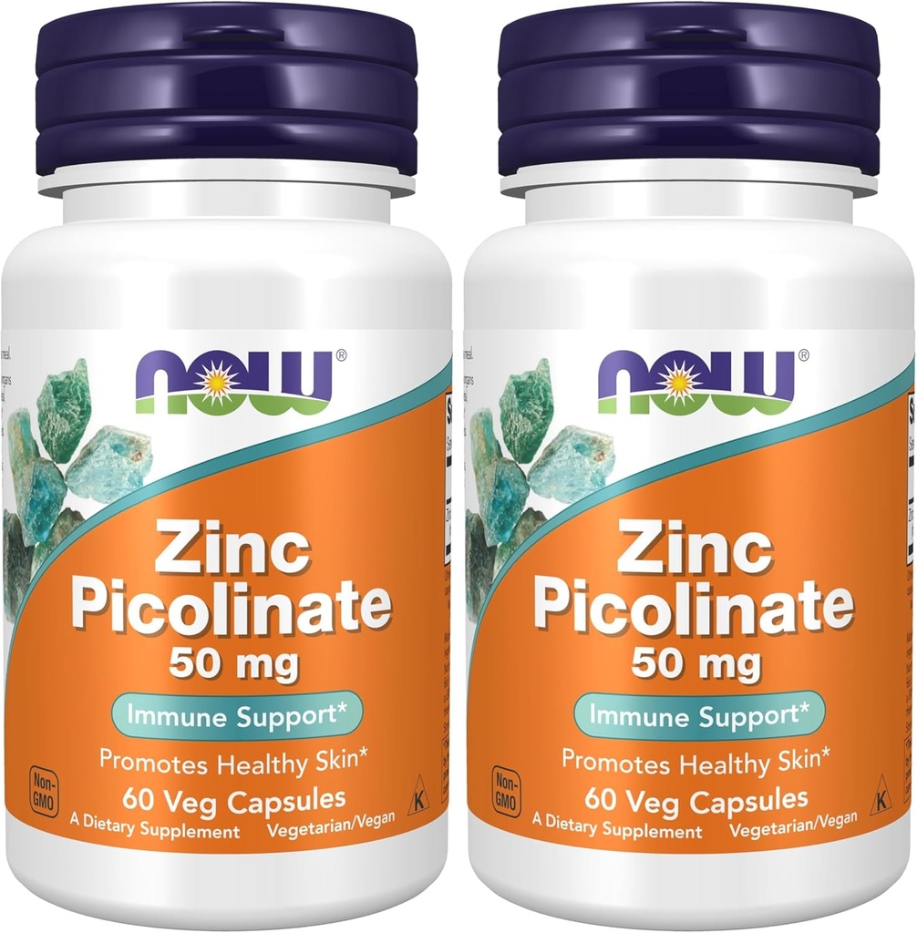 NOW Supplements, Zinc Picolinate 50 mg, Supports Enzyme Functions*, Immune Support*, 60 Veg Capsules (Pack of 2)