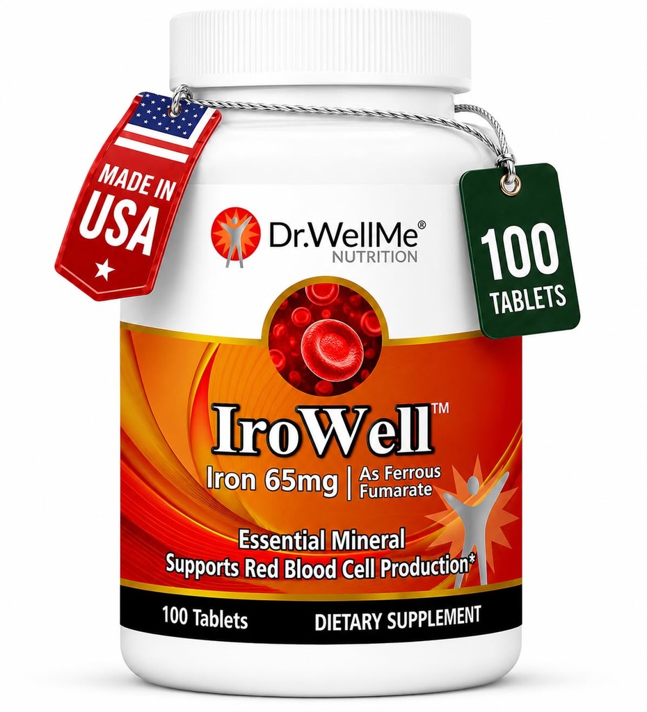 Irowell Železo Tablety 65 mg 100 Tablety pre plnú 100-Deň dodávky Ferrous Fumarate pre energiu, svalovú silu & Immuntion 