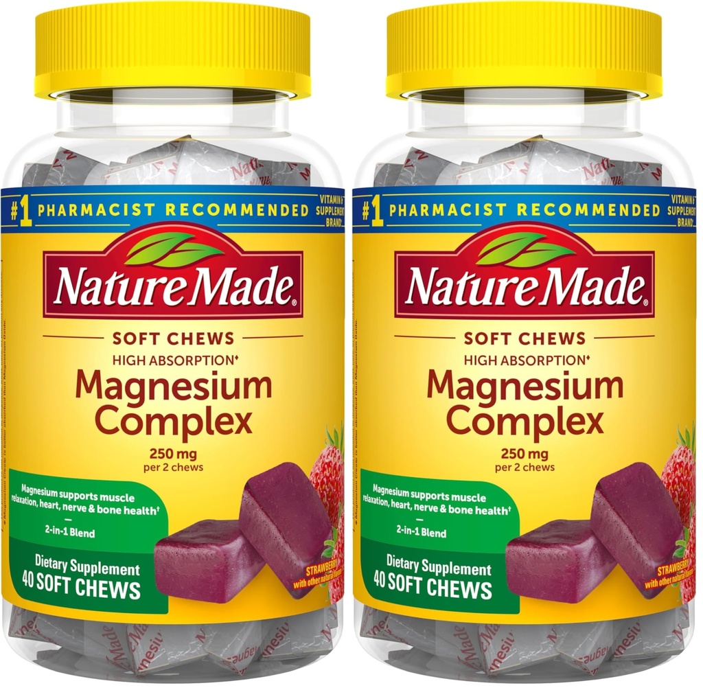 Nature Made High Absorption Magnesium Complex Soft Chews,Supplement for Muscle,Heart,Bone Support,Magnesium Citrate & Malate Blend 250 mg per Serving, 40 Vegetarian Chews, 20 Day Supply,(Pack of 2)