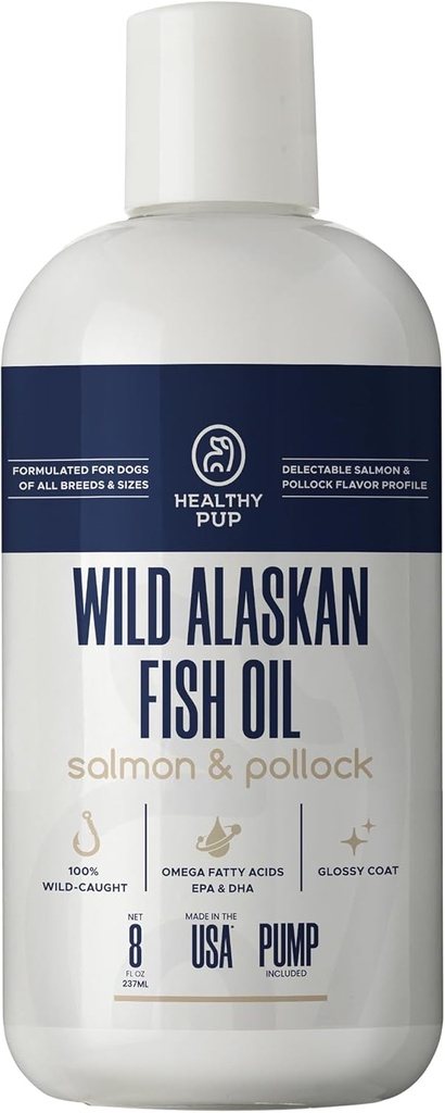 Wild Aljašský lososový olej pre psy s Pollock - 8 oz Pollock a lososový olej, Omega 3, EPA, a DHA - Psy Skin and Coat Supplement - Made in USA