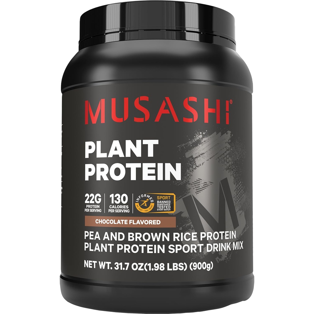 Musashi Plant Protein Powder, Chocolate, 900g (1,98 lb), Pea, Brown Ryce and Chia Protein Blend with BCAAs & L-Glutamine, 23g Protein, 130 kalórií na obsluhu