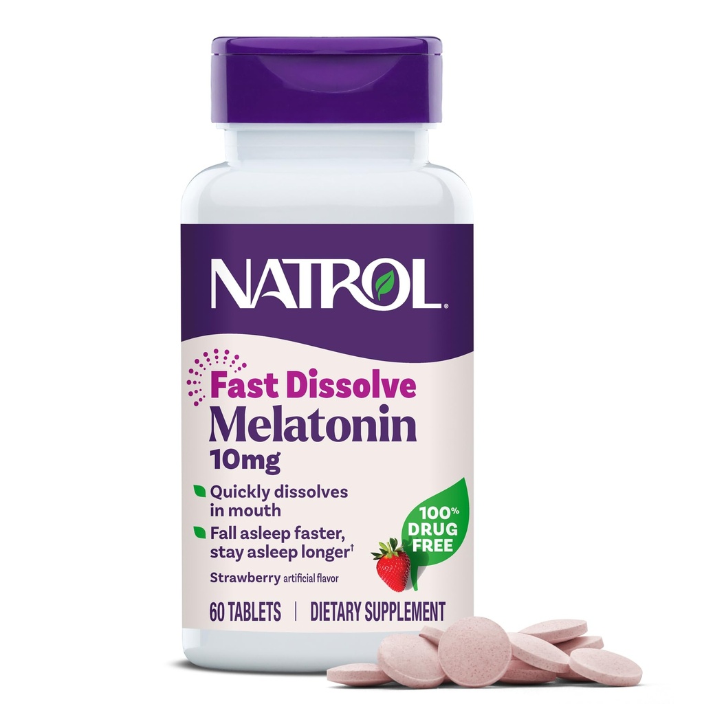 Natrol Melatonín 10 mg tablety s rýchlym rozpustením - jahodová chuť, 60 grófov, podpora spánku, rýchle rozpustenie melatonínu pre dospelých, 60 dní