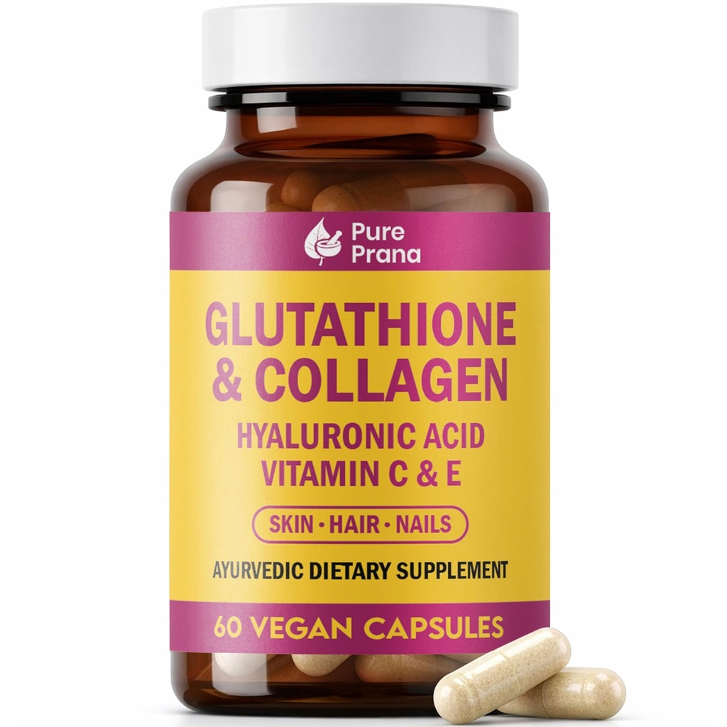 Pure Prana Glutathione & Vegan Collagen Builder Capsules with Hyaluronic Acid, Vitamin C, E, Turmeric & Black Pepper - Plant Based Formula for Daily Skin & Hair Nail Care Support - 60 Caps