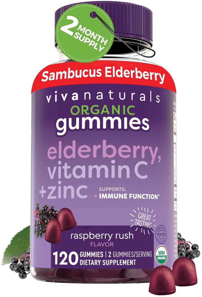 Viva Naturals Organic Sambucus Elderberry Gummies pre dospelých (120 Počet) - 3in1 Black Elderberry Vitamín C a zinok Immune Support Gumies, Žuvateľné plody doplnky, Zinok Imunity Gummies