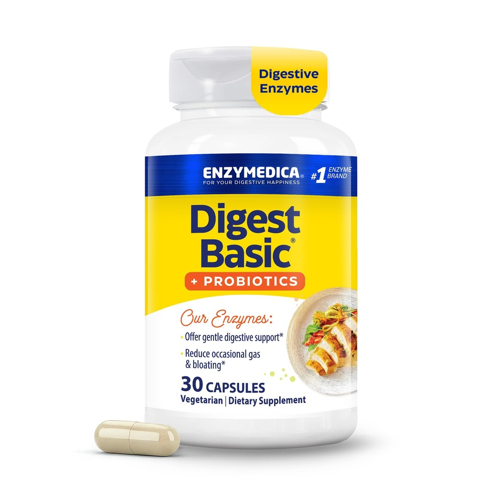Enzymedica, Digest Basic + Probiotiká, Gentle Digestive Enzymes with 400 Million CFU Active Cultures per capsule, 30 Kapsule