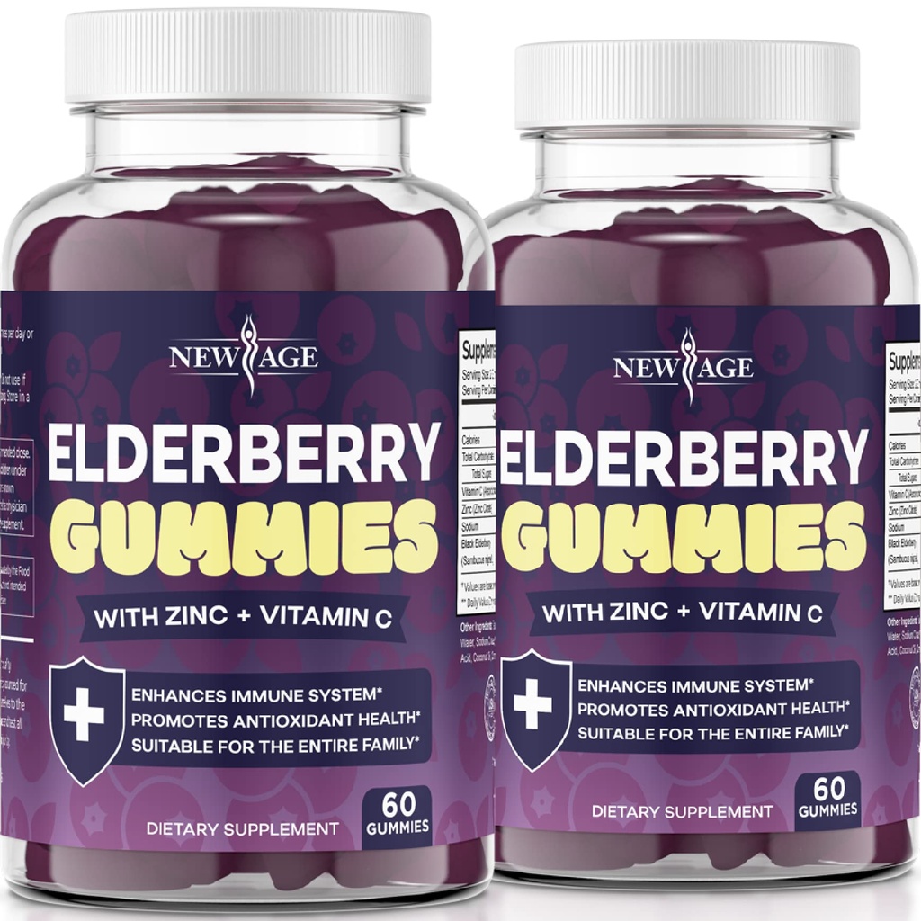 NEW AGE (2-Pack) Premium Staršie Gummy pre dospelých Deti s vitamínom C, Zinkom, Propolis - Sambucus Black Elderberry Gummy Extract - Gluten Free & Vegetarian - 120 Gummies
