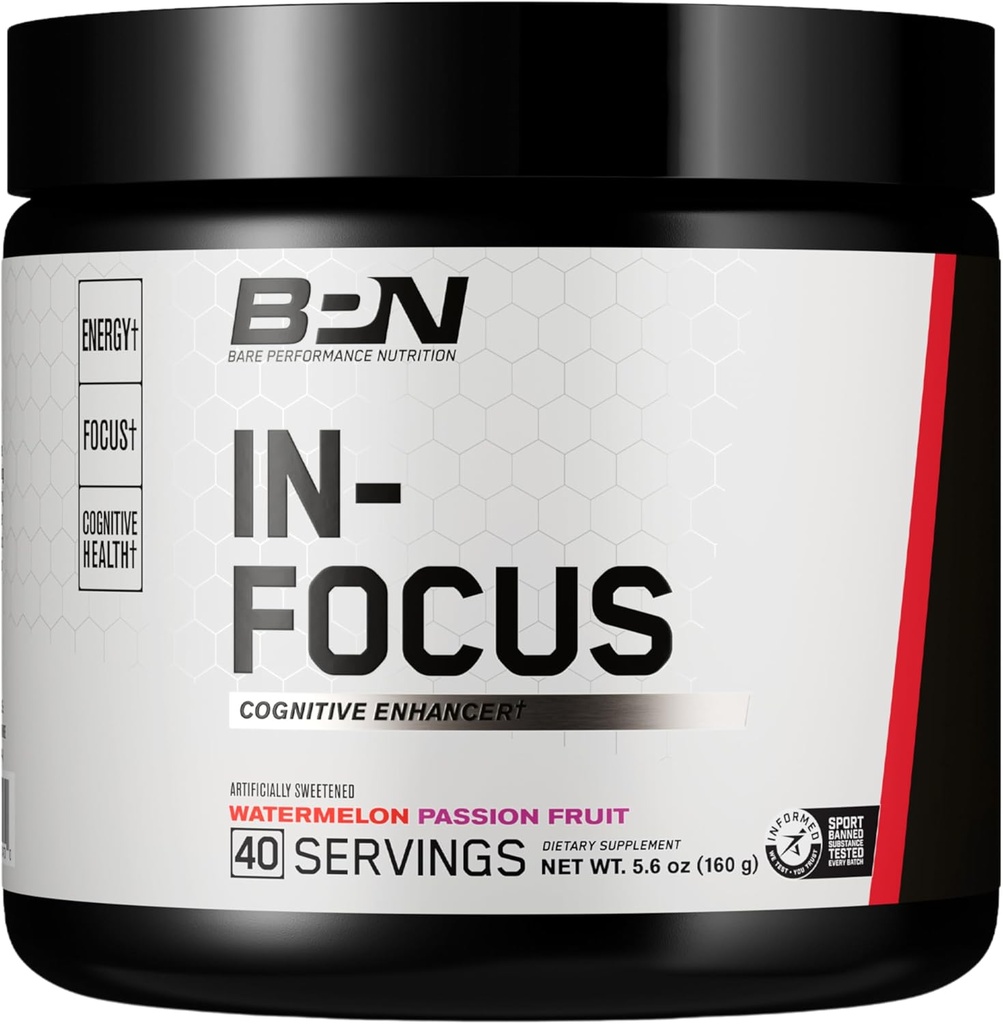 BARE VÝKONNOSTNÁ VÝKONNOSŤ, BPN in-Focus podpora mozgu doplnok, zlepšenie Focus & Energy, Alpha GPC, Watermelon musionfruit, 40 slúži