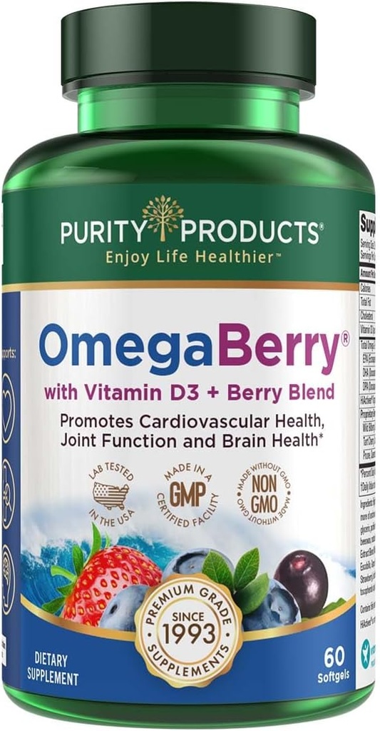 Produkty čistoty OmegaBerry Fish Oil s vitamínom D3 a organickým Acai - 1250mg Koncentrované Molekulová destilácia Ultra Pure Omega-3 Fish Oil, 500mg DHA + 650mg EPA - 60 Soft Gels - 30 Day Supply from