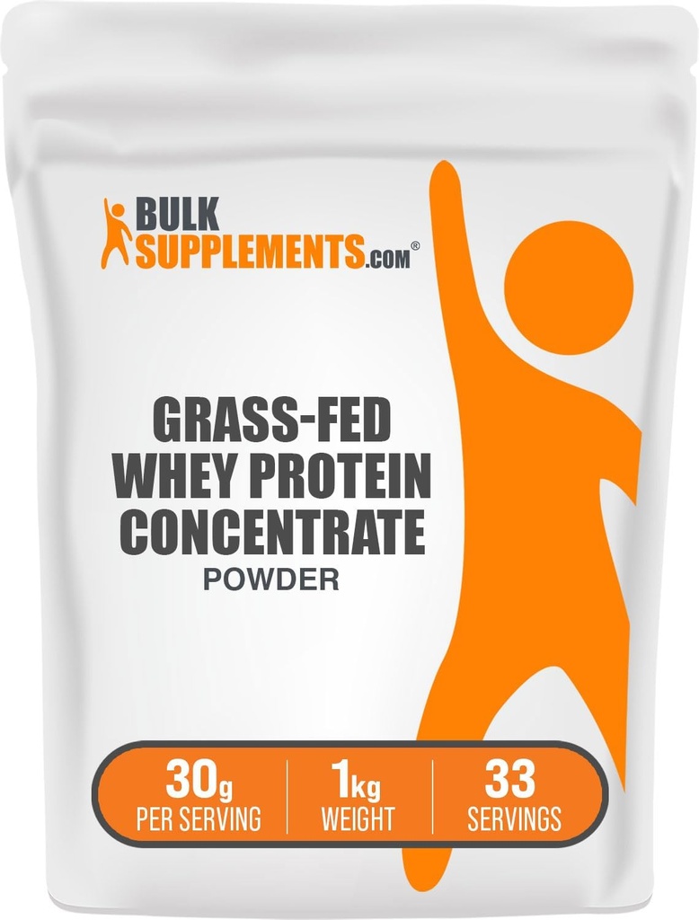 BulkSupplementments.com Grass Fed Wheey Protein Powder - Srvátkový proteínový koncentrát prášok - Neochutené a bez lepidla, 30g na porciu, 1kg (2,2 lbs) (Pack of 1)