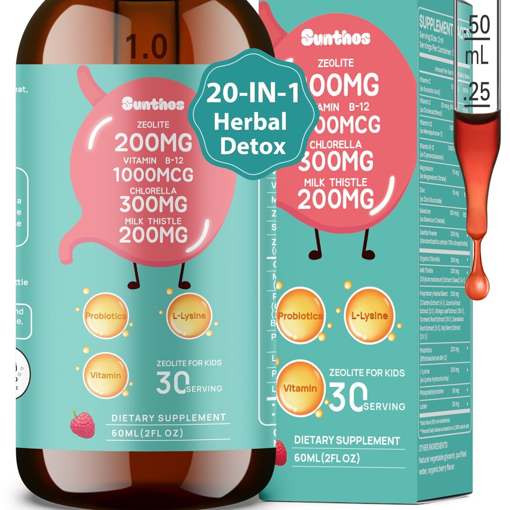 200mg Zeolite Detox for Kids & Adults, 20-in-1 Herbal Liquid with 300mg Chlorella, 200mg Milk Thistle, Cilantro, Vitamins & Probiotics Supports Speech, Cleanse, Immune & Gut Health, Berry Flavor, 60ML