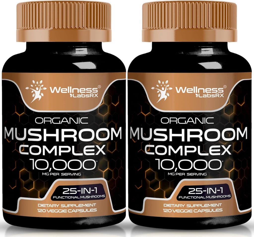 WELLNESS LABSRX Mushrom Supplement Kapsule 10:1 extrakt, Hubová komplex Kapsule 1000mg, Lions Mane Supplement with Turkey chvost, Cordyceps, Reishi - 2 balenie
