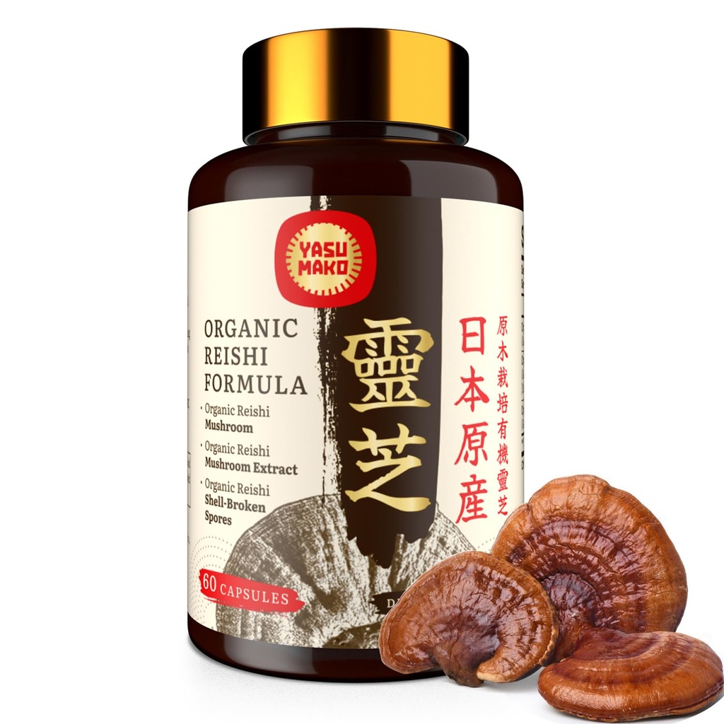 Japanese Reishi Mushroom Supplement 800mg with Reishi Mushroom Extract 500mg & Shell-Broken Spores 200mg,Organic Mushrom Capsules for Immune System - Real Fruiting Body (Pack of 1)