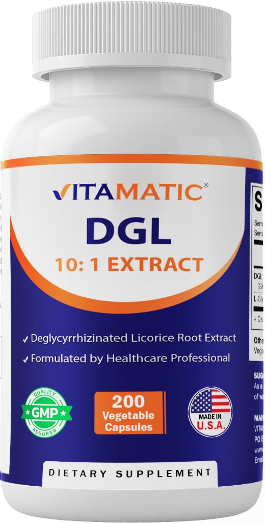 Vitamatic DGL Licorice 3800 mg Equivalent per Serving (od 10:1 Extract 380 mg) - 10X Silnejší - podporuje zdravé trávne a respiračné funkcie - 200 kapsúl