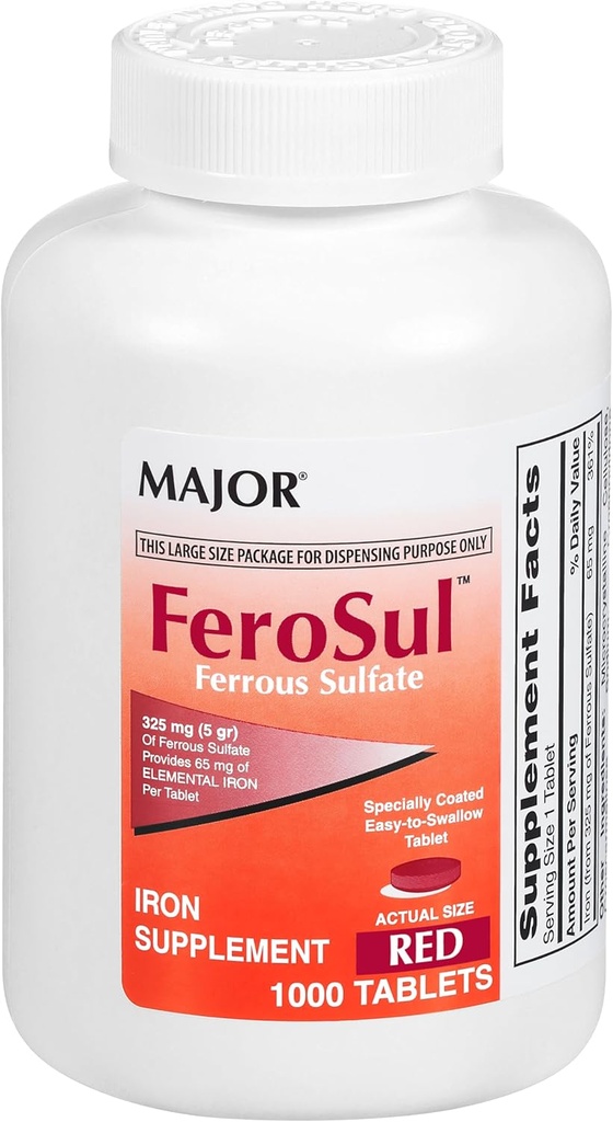 Major FeroSul - Ferrous Sulfate 325 mg tablety - Železo doplnok pre ženy a mužov - Špeciálne obalené tablety ľahko prehltnúť - červená - 1000 Tablety