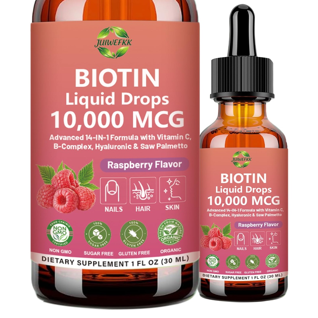 Pure Biotin 10000mcg Liquid Drop Optimal Solutions Hair Skin & Nails Vitamins Support w. Collagen Keratin Hyaluronic Acid Saw Palmetto, Biotin(Vitamin B7) for Hair Growth & Cellular Energy
