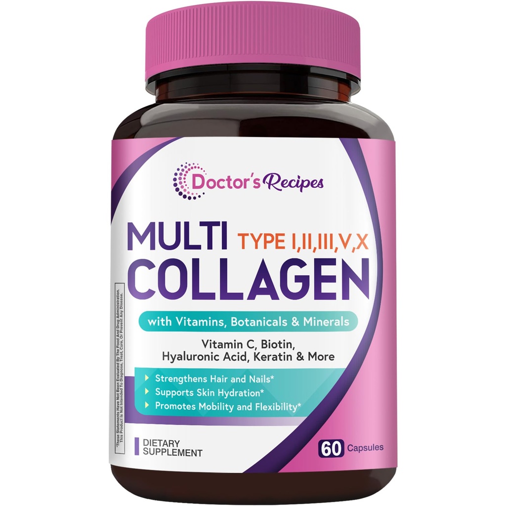Doctor's Recipes Multi Collagen Peptides, Type I, II, III, V, X, 1000 mg Per Serving, Vitamin C, Biotin, Hyaluronic Acid, Keratin, Turmeric, for Hair, Nails, Skin, Stay Active, Antioxidant, 60 Caps
