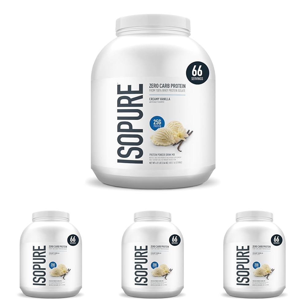 Isopure Zero Carb 100% Pure Whey Isolate Protein Powder, Gluten Free, with Vitamins, Creamy Vanilla, 25g Protein Per Serving, 4.5 Lbs, 66 Servings (Packaging May Vary) (Pack of 4)
