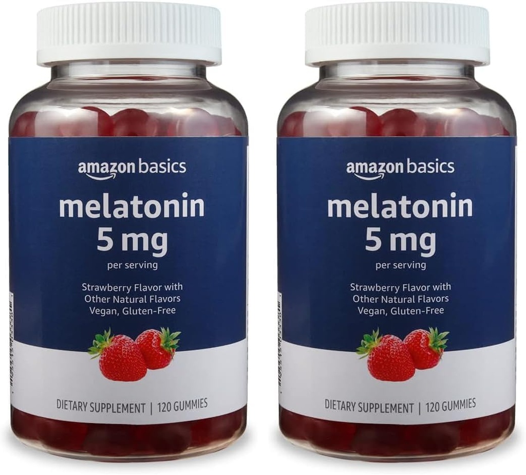 Basics Melatonin 5mg, 120 Gummies (2 per Serving), Jahoda (predtým Solimo) (Stock of 2)