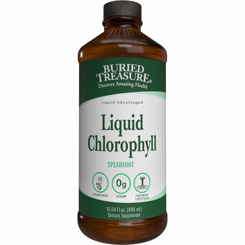 Buried Treasure Liquid Chlorophyll 100 mg Dietary Supplement, Energy Boost Immune Support Detox Intestinal Digestive Support Natural Body Deodorant Vegan Non-GMO Alcohol Free Spearmint Flavor,16 oz