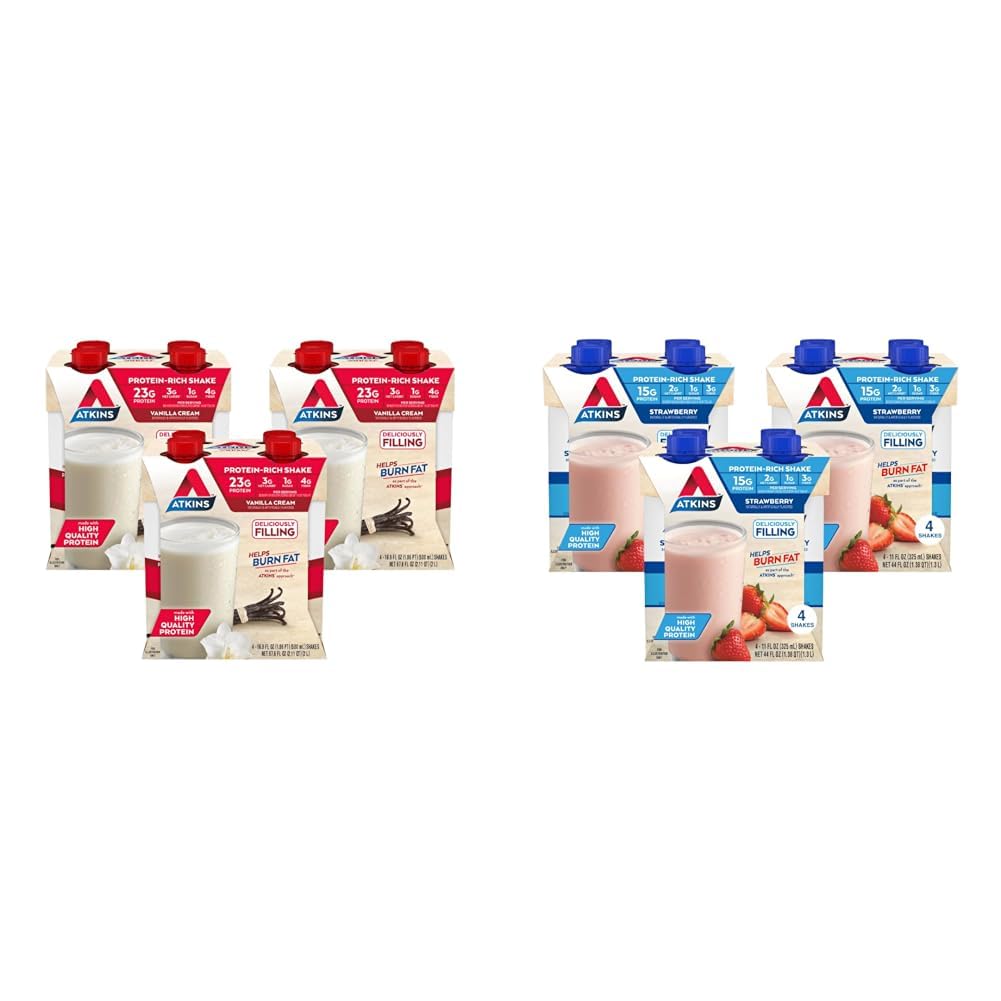 Atkins Vanilkový krém Veľkosť jedla Proteín Shake, 23g Bielkoviny a jahodový proteín Shake, 15g Bielkoviny, nízka glycemic, 2g Net Carb, 1g Cukor, Keto Friendly, 12 Počet