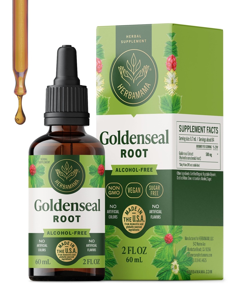 HERBAMAMA Goldenseal Root Tinture - Vegan Immune & Respiration Support with Goldenseal Herb Extract Drops - non-GMO, Alkohol & Bez cukru Liquid Imunity Supplement, 42-Deň dodávky