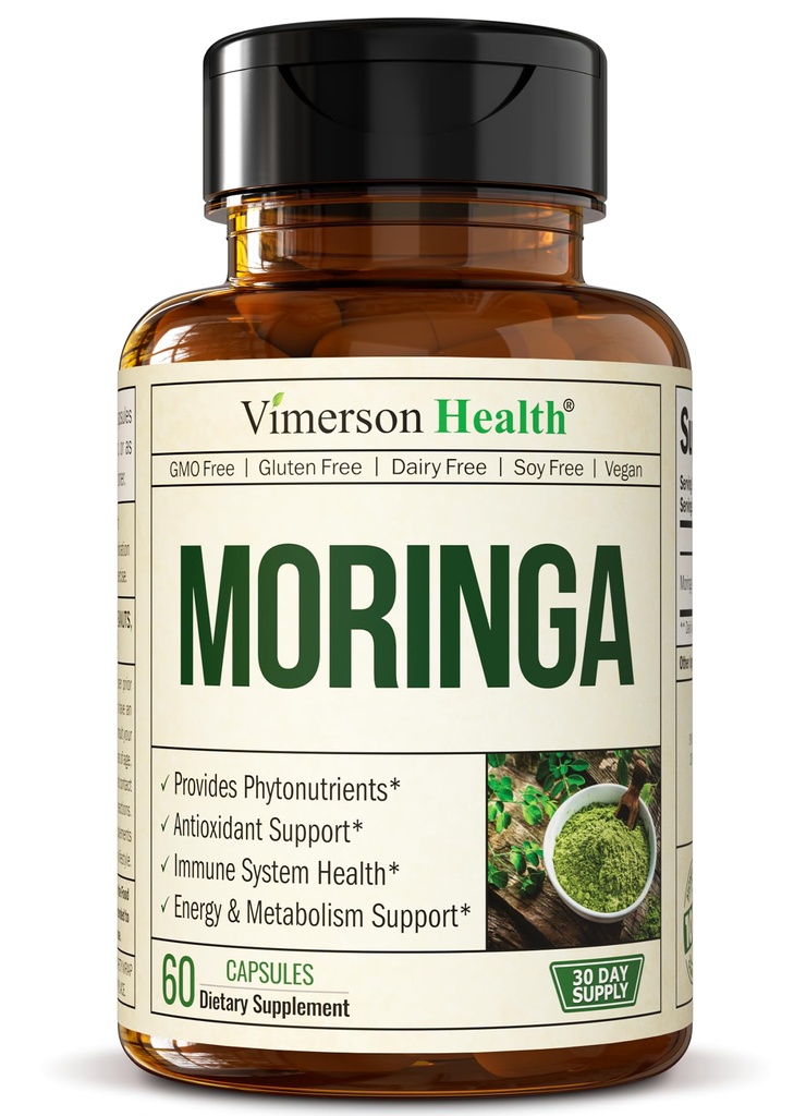 Moringa Capsules with 100% Pure Moringa Powder for Balanced Energy, Healthy Metabolism, Antioxidant & Immune Support. Nutrient-Dense Superfood Vitamins. Vegan. Non-GMO. Third Party Tested. 60 Capsules