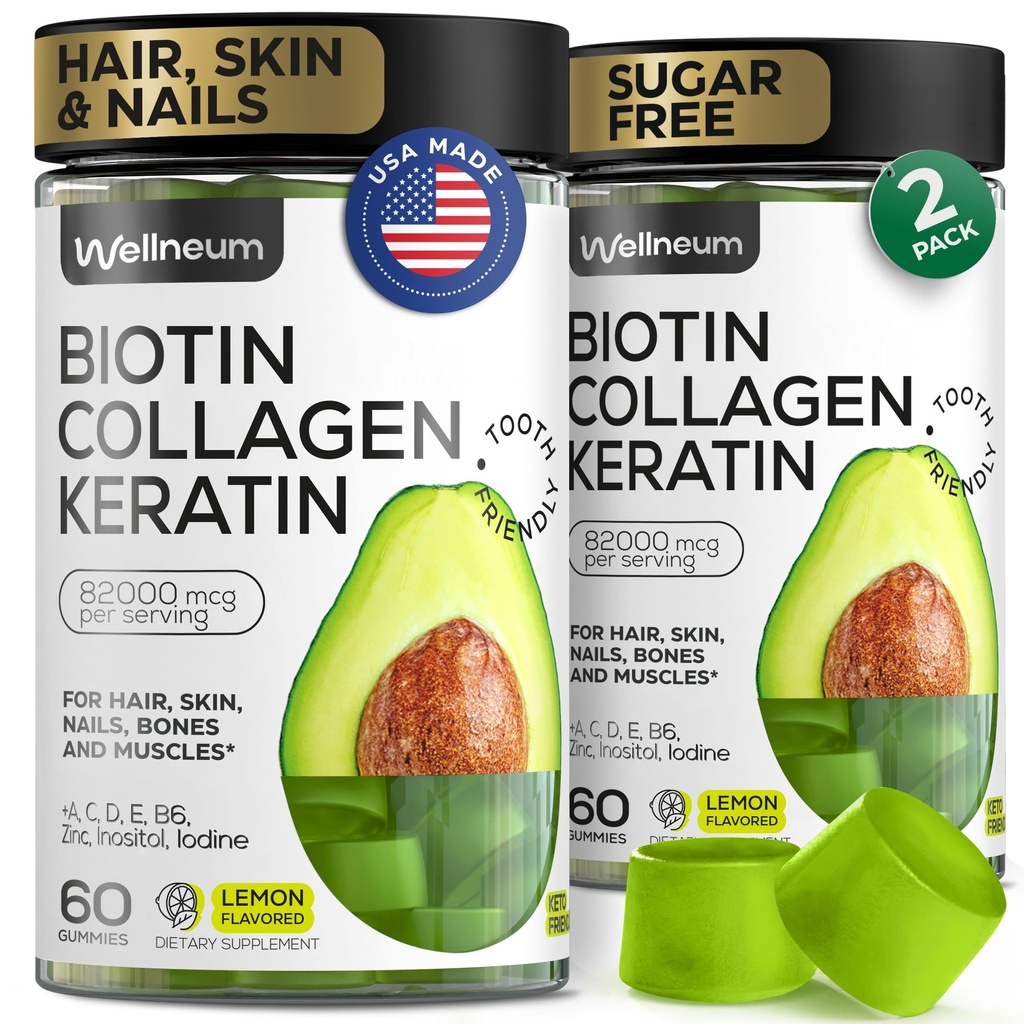 Biotín a kolagén Peptid Gummy pre rast vlasov, kože a nechtov 120 ks (2 balenia) - 82000 Mcg - Biotin Chewables s keratínom Max sila - krása Gummy pre ženy a mužov - bez cukru, non-GMO