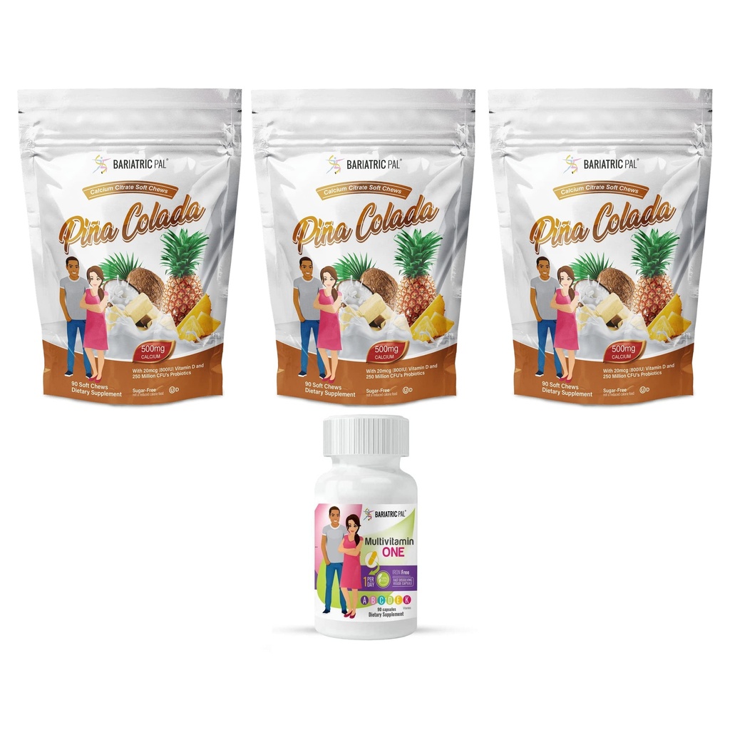 BariatricPal 90-Day Bariatric Vitamin Bundle (Multivitamin ONE "1 per Day!" Iron-Free Capsule and Calcium Citrate Soft Chews 500mg with Probiotics - Piña Colada)