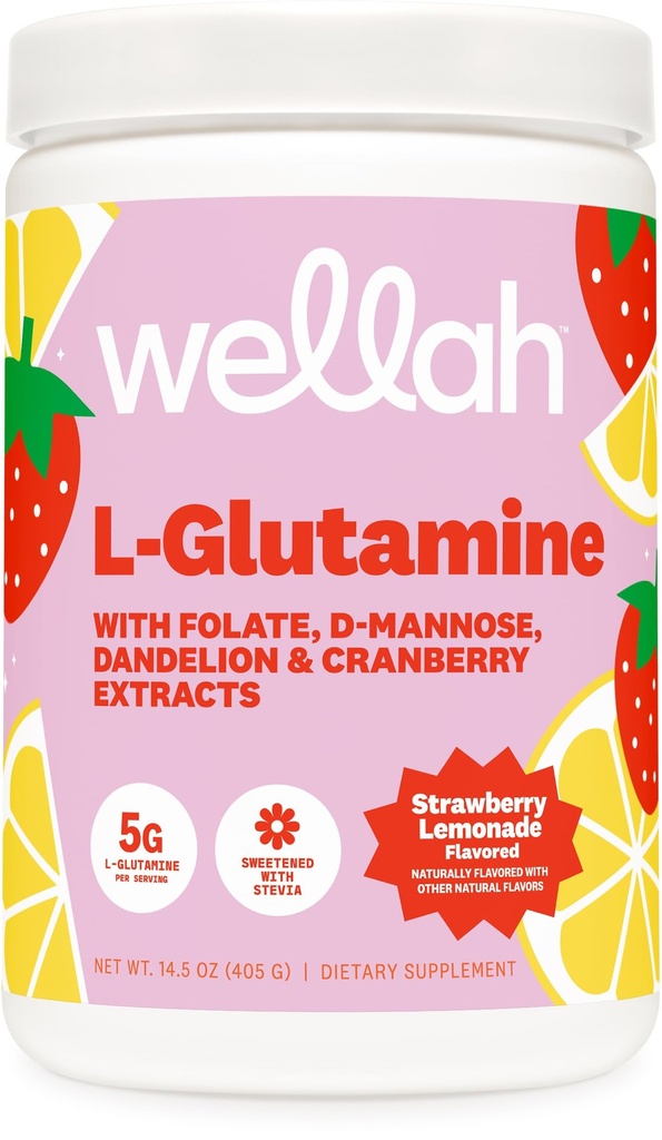 Wellah L-Glutamine Lawberry Lemonade ochutená (50 porcií) - 5g L-Glutamine Per Serving, sladené s Stevia