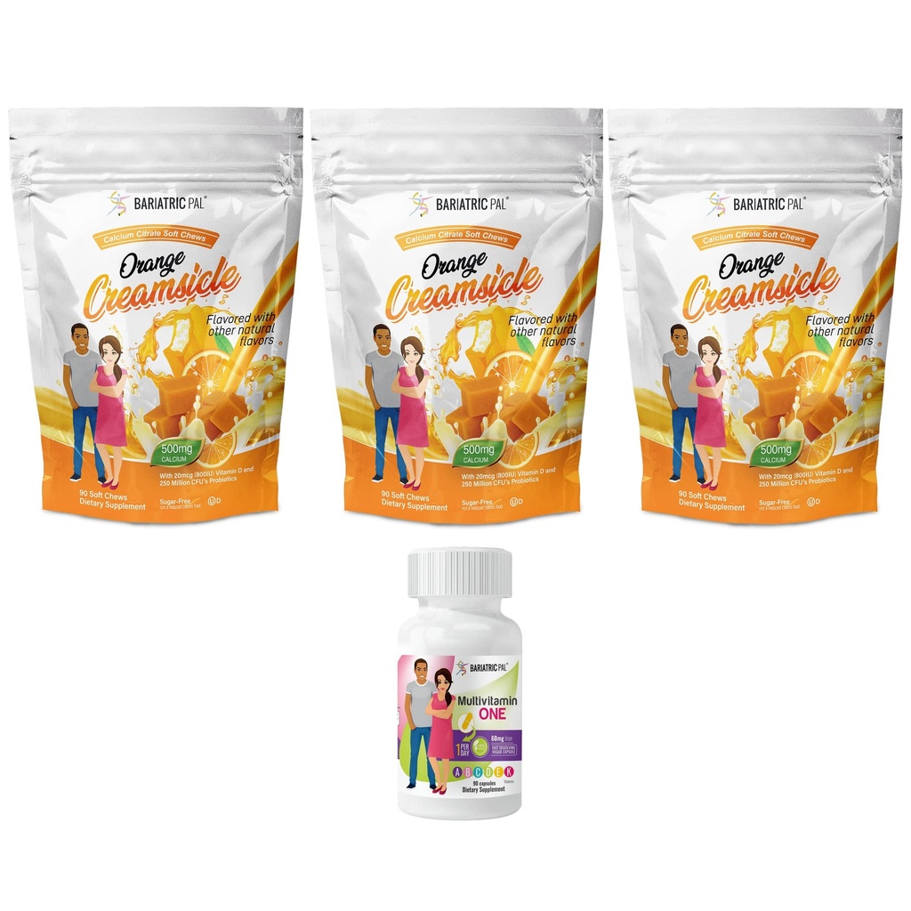 BariatricPal 90-Day Bariatric Vitamin Bundle (Multivitamin ONE 1 per Day! Capsule with 60mg Iron and Calcium Citrate Soft Chews 500mg with Probiotics - Orange Creamsicle)