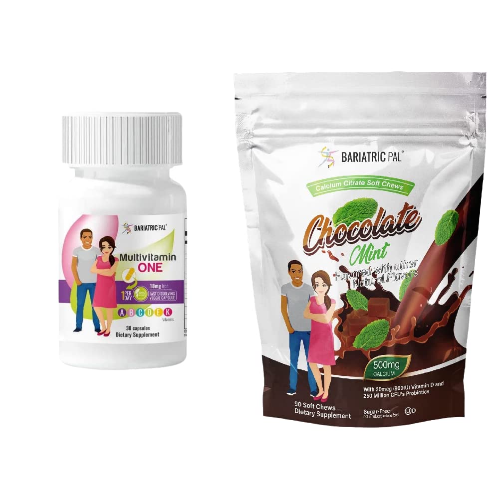 BariatricPal 30-Day Bariatric Vitamin Bundle (Multivitamin ONE 1 per Day! Capsule with 18mg Iron and Calcium Citrate Soft Chews 500mg with Probiotics - Chocolate Mint)
