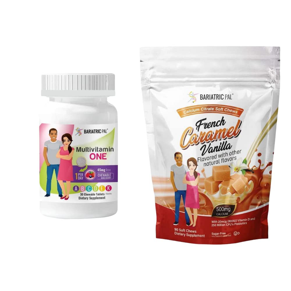 BariatricPal 30-Day Bariatric Vitamin Bundle (Multivitamin ONE 1 per Day! Chewable with 45mg Iron - Mixed Berry and Calcium Citrate Soft Chews 500mg with Probiotics - French Caramel Vanilla)