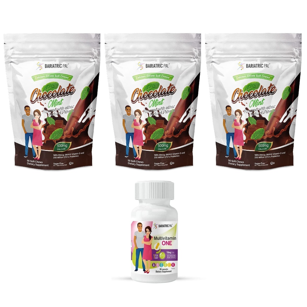 BariatricPal 90-Day Bariatric Vitamin Bundle (Multivitamin ONE 1 per Day! Capsule with 18mg Iron and Calcium Citrate Soft Chews 500mg with Probiotics - Chocolate Mint)