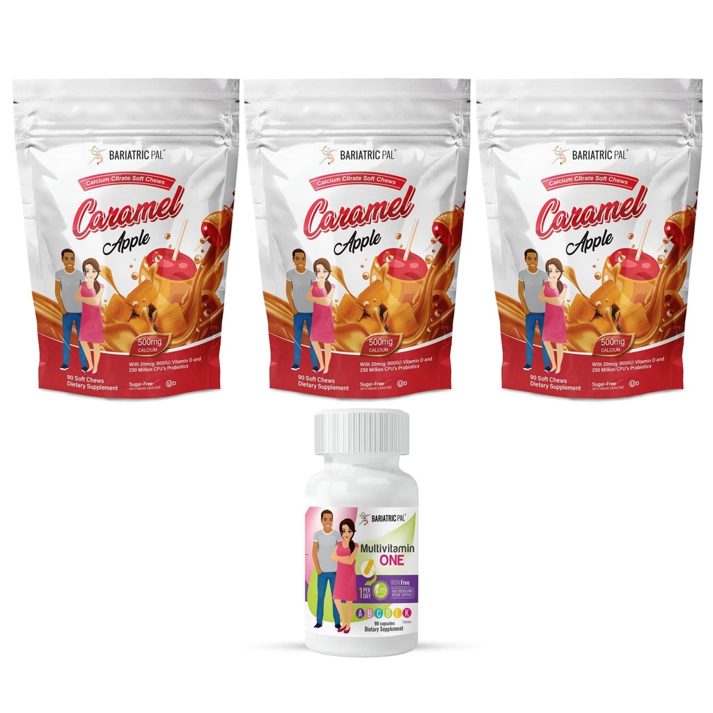 90-Day Bariatric Vitamin Bundle by BariatricPal (Multivitamin ONE "1 per Day!" Iron-Free Capsule and Calcium Citrate Soft Chews 500mg with Probiotics - Caramel Apple)