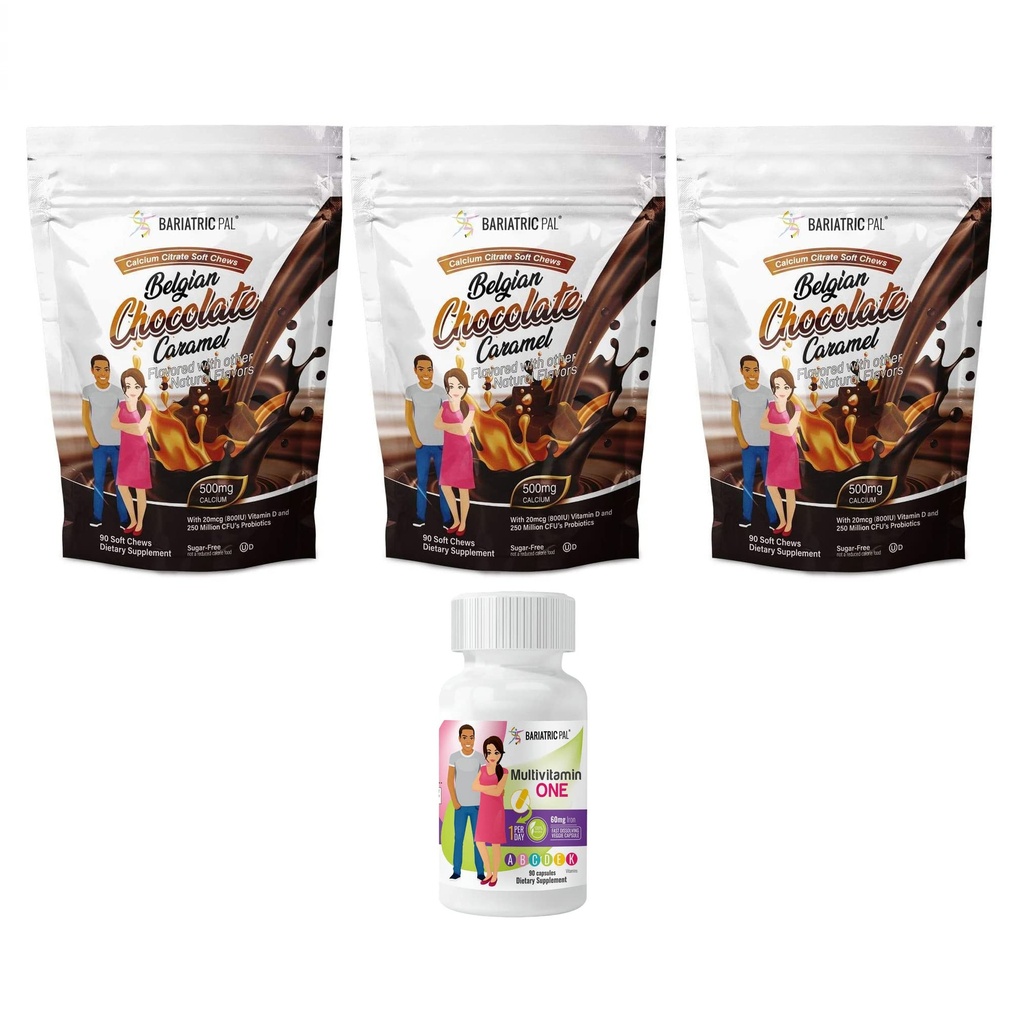 BariatricPal 90-Day Bariatric Vitamin Bundle (Multivitamin ONE 1 per Day! Capsule with 60mg Iron and Calcium Citrate Soft Chews 500mg with Probiotics - Belgian Chocolate Caramel)
