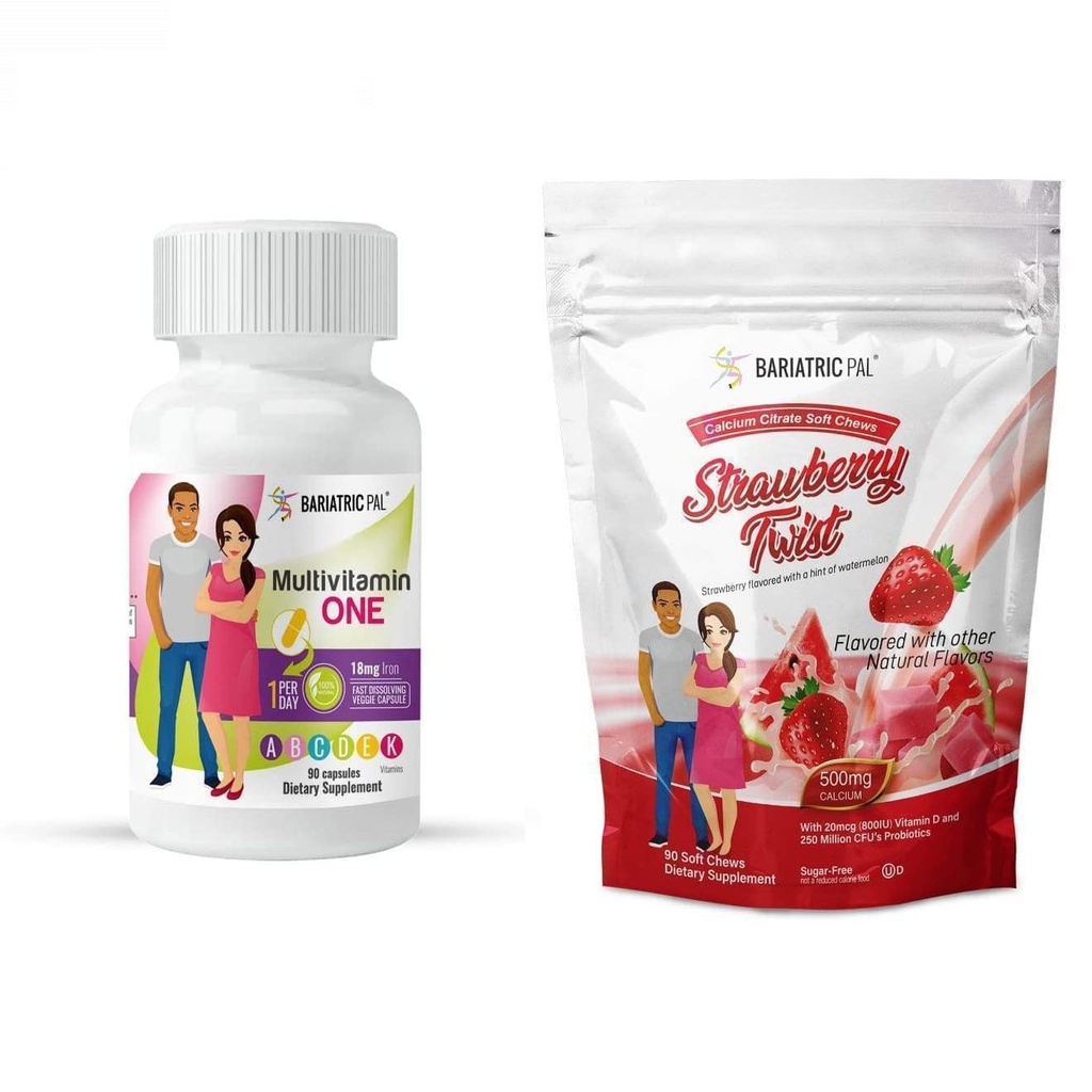 BariatricPal 90-Day Bariatric Vitamin Bundle (Multivitamin ONE 1 per Day! Capsule with 18mg Iron and Calcium Citrate Soft Chews 500mg with Probiotics - Strawberry Twist)