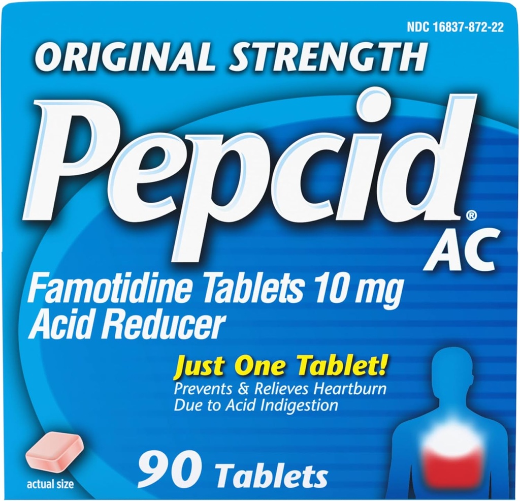 Pepcid AC Original Strength Heartburn Relief Tablets, OTC Medicine Prevents & Reliefs Heartburn Vzhľadom na kyslé poruchy trávenia a kyslosti žalúdka, 10mg Famotidín Kyselina Redukcia, Fast- Acting, 90 ot
