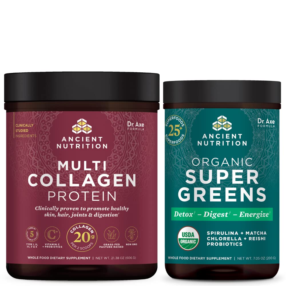 Ancient Nutrition Multi Collagen Protein Powder, unflaved, 60 Servings + Supergreens Powder, Zelená chuť, 25 Servings