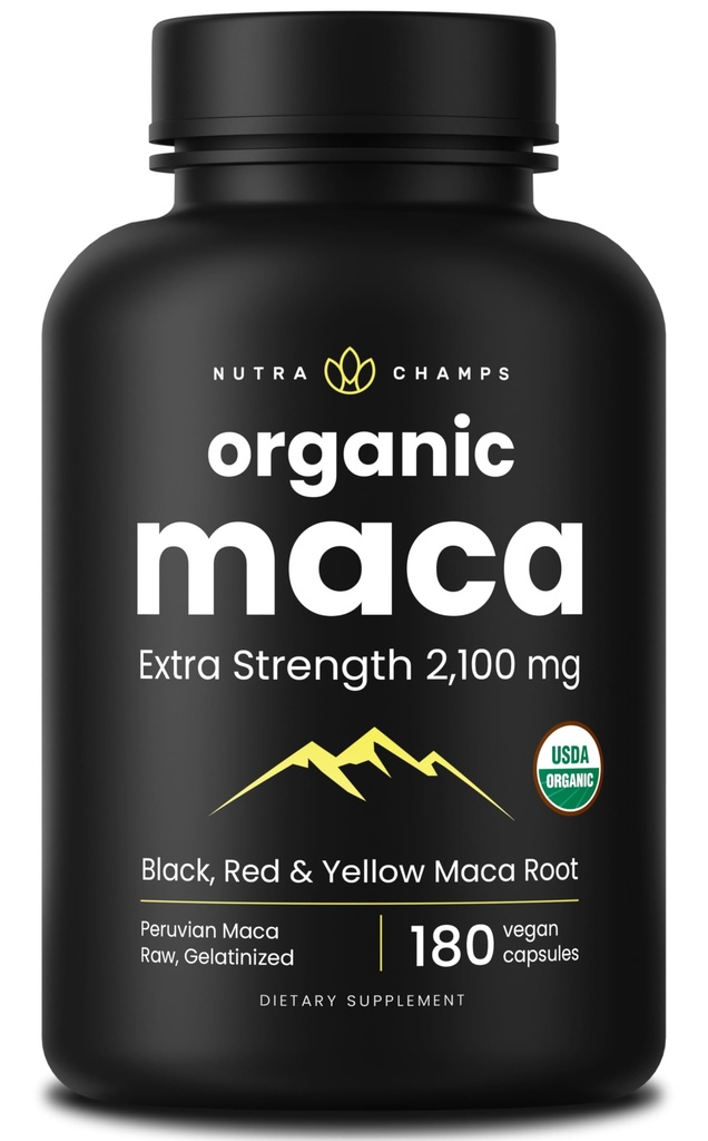NutraChamps USDA Organic Maca Root Capsules for Women & Men, 2100mg, 180 Capsules, Black, Red & Yellow, Peruvian Maca Peruana, Extra Strength Pure Premium Gelatinized Root Powder Supplement