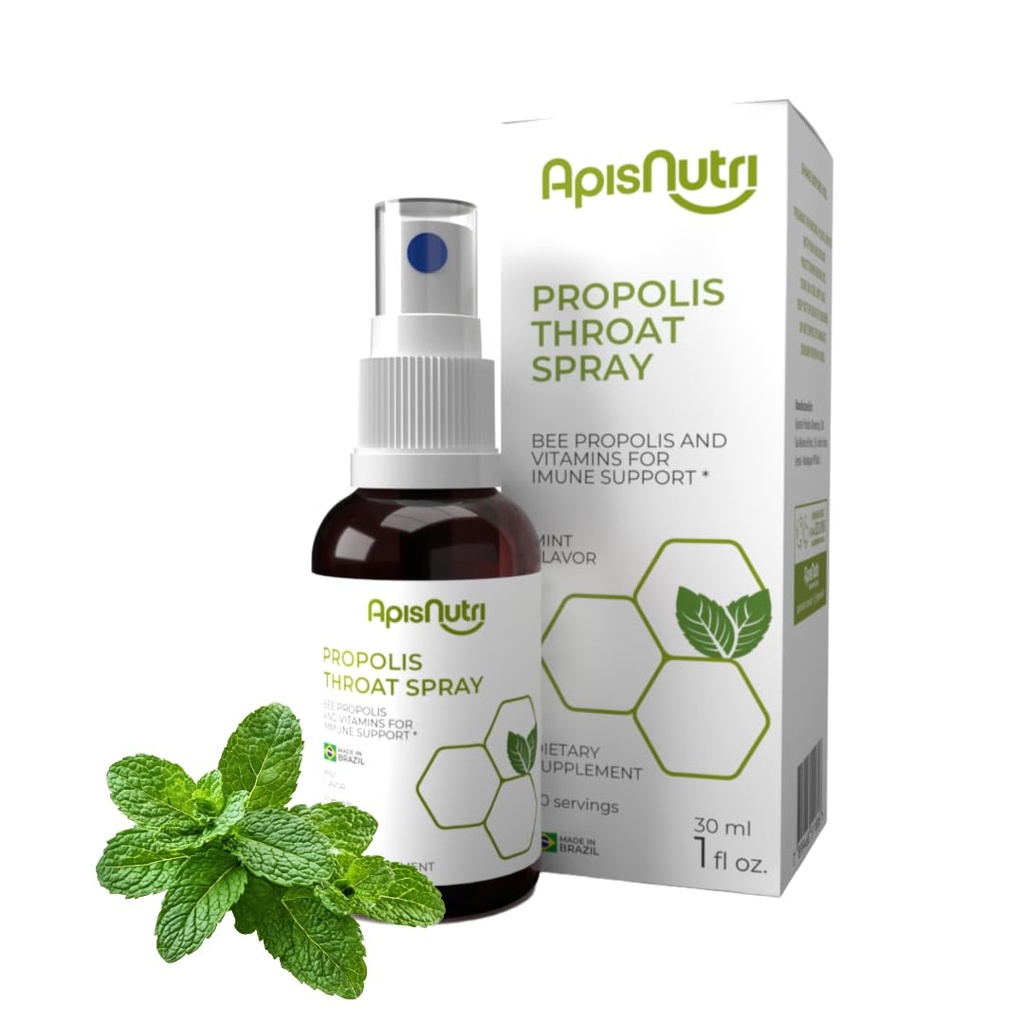 Propolis Throat Spray Mint Flavor Natural Bee Propolis with Honey and Vitamins B9 & B12 Sore Throat Relief and Fresh Breath Spray Brazilian Wellness Formula (1.0 oz)