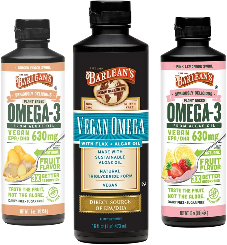Barlean's Vegan Omega 3 Algae Oil Liquid Supplement Bundle, Obsahuje ľanové semienko a Algae Oil Blend, zázvor broskyňová, a ružové citrónové príchute, EPA a DHA mastné kyseliny