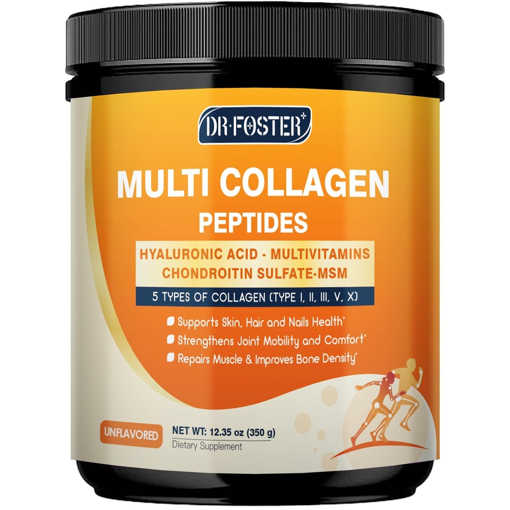 DRFOSTER Multi Collagen Peptides Powder for Women with MSM + CS & D3 - Type I, II, III, V, X Hydrolyzed Collagen with Vitamin C & Hyaluronic Acid for Skin Hair Nails & Joint, Non-GMO, 35 Servings