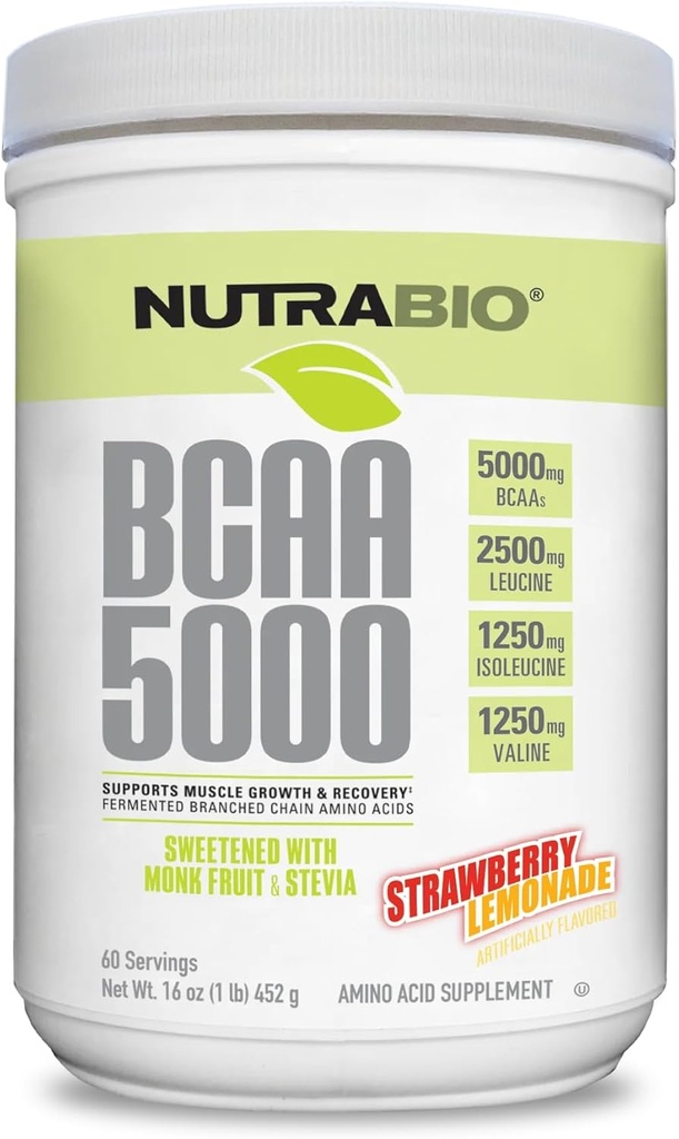 NutraBio BCAA 5000 prášok - Fermentovaný rozvetvený reťazec Aminokyseliny pre rast a zotavenie svalov - prírodné chute, sladidlá, a sfarbenie, Vegan, lepidlo zadarmo - jahodová citróna, 60 slúži