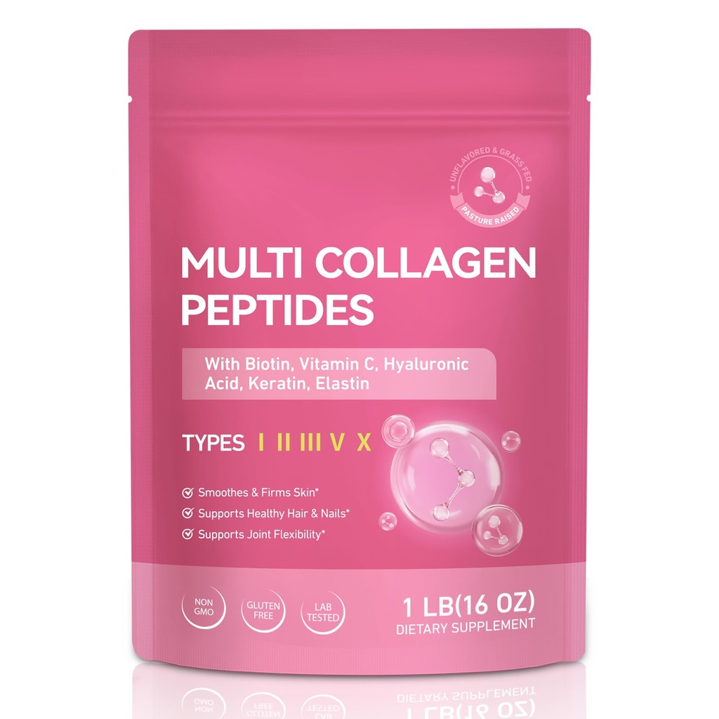 Multi Collagen Peptides Powder — Types I, II, III, V, X — 1 Pounds Unflavored — with Biotin, Hyaluronic Acid & Vitamin C — Keto & Paleo, Non-GMO, Gluten-Free