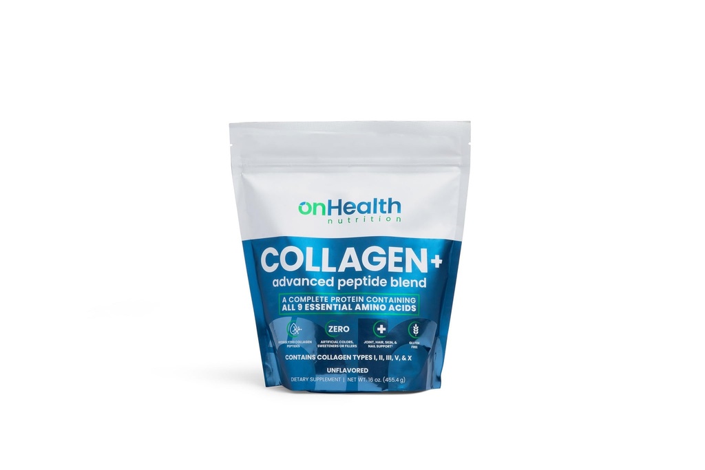 onHealth Multi Collagen Peptide Powder Types I, II, III, V & X Complete Protein with All 9 Essential Amino Acids Biotin, Hyaluronic Acid & Vitamin C Unflavored, Easy‑Mix Collagen for Women & Men