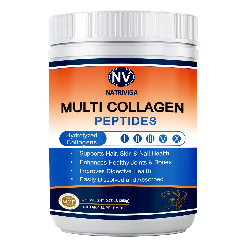 Multi Collagen Peptides Powder - Type I, II, III, V, X - Hydrolyzed Collagen Peptides with Vitamin C Hyaluronic Acid, Supports Skin Hair Nail & Joint, Grass-Fed, Non-GMO, 35 Servings