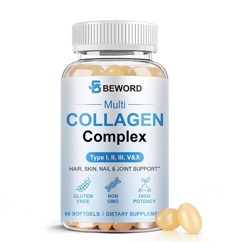 BEWORD Multi Collagen Softgels for Women & Men, 60 Capsules - Type I,II,III,V,X Hydrolyzed Collagen w/Vitamin C & Hyaluronic Acid - Supports Skin, Hair, Nails, Joints - Grass-Fed, Non-GMO, 1 Pack